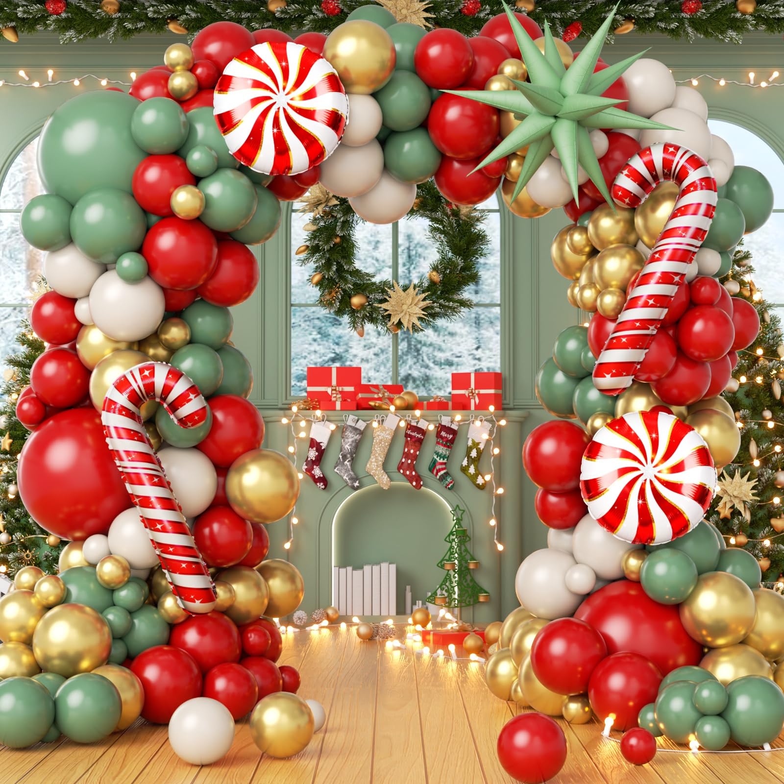 Photo 1 of 145pcs Christmas Balloon Arch Garland Kit with Red Sage Green Sand White Christmas Party Decorations