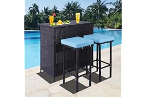 Affmitime Wicker Patio Bar Set, 3 Piece Outdoor Bar with Stools, All-Weather PE Rattan Tiki Bar for Outside Poolside Backyard(Brown-Blue)