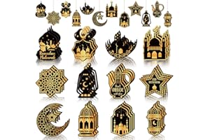 PURPEAK 36 Pcs Ramadan Wooden Ornaments Eid Mubarak Hanging Ornaments Ramadan Mubarak Eid Party Wall Decorations Moon Star Wooden Hanging Ornaments for Tabletop Trees Decor 12 Styles