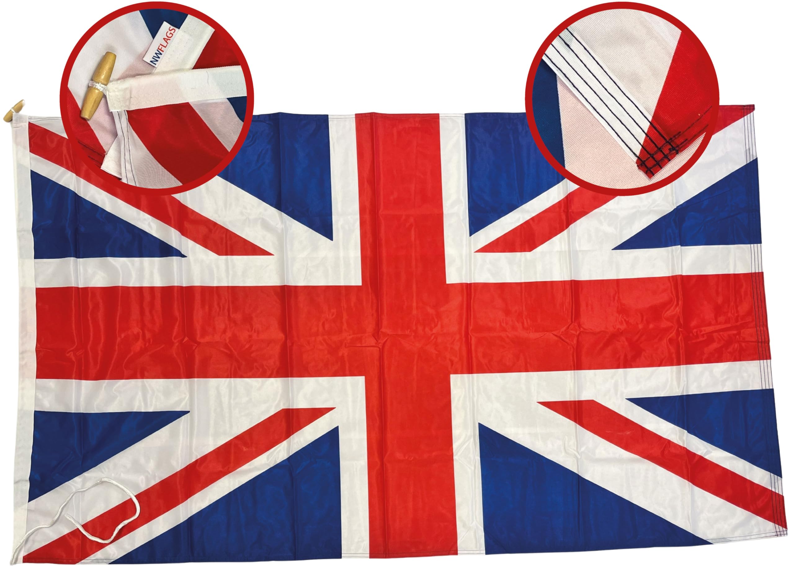 NWFlags Union Jack Flag 150d Nylon Rope & Toggle 5ft x 3ft for Professional Flagpole | Large Union Flag