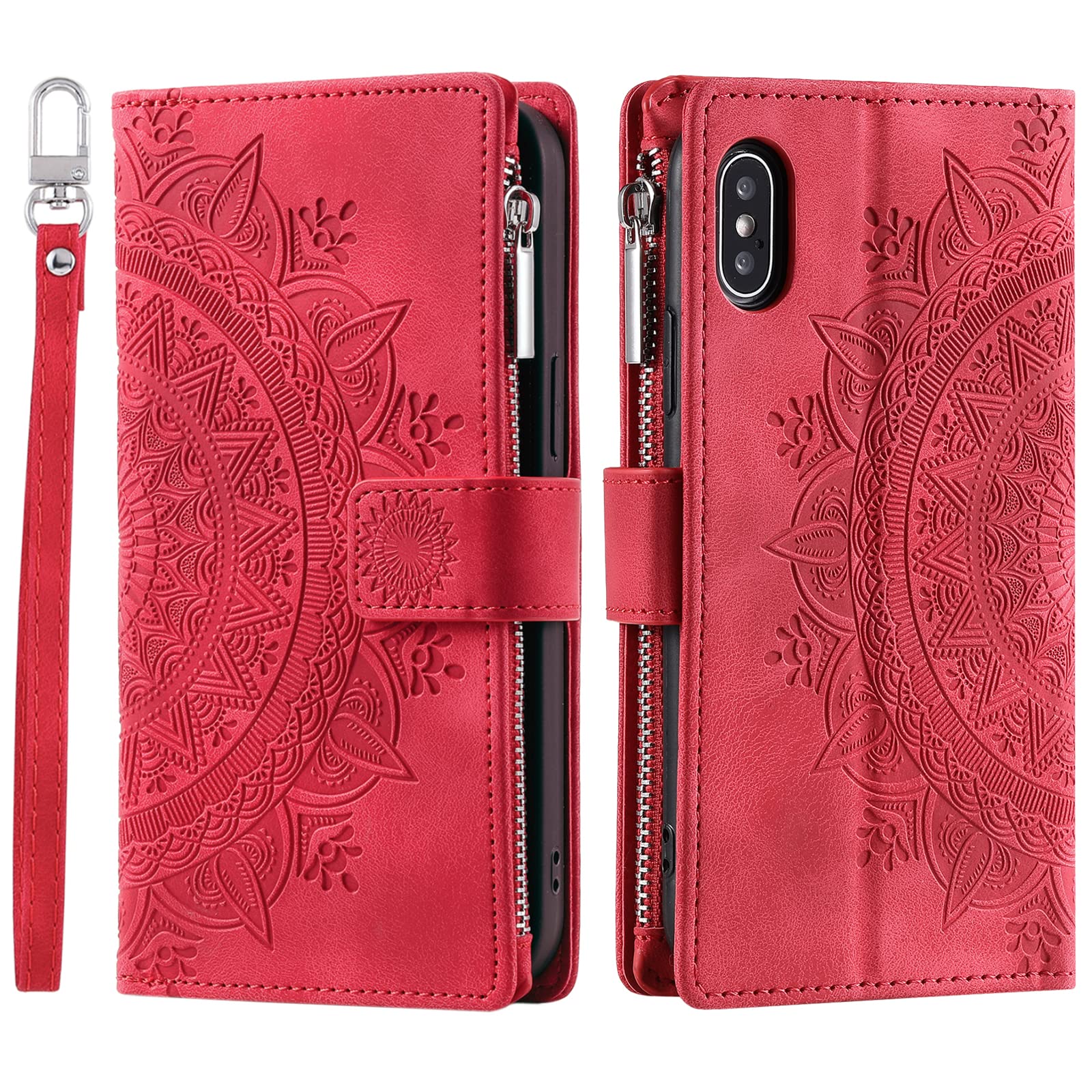 VEEMOS Wallet Case for iPhone X/XS Flower Flip Case Protective Leather Folio Book Phone Cover with Card Slots Kickstand Zipper Pocket - Red