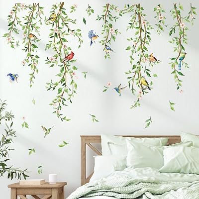 decalmile Hanging Green Vine Wall Decals Leaves Birds Wall Sticker