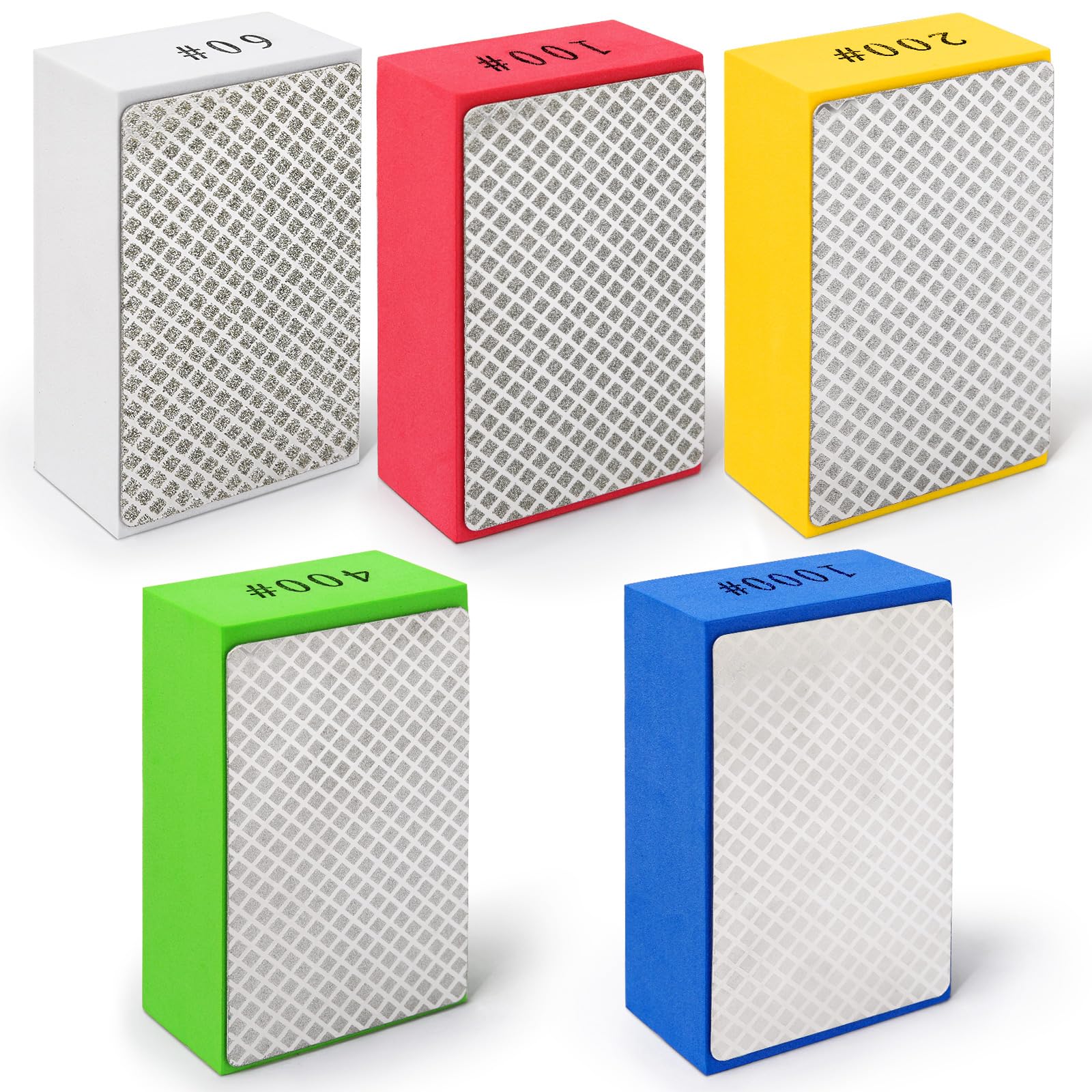 Hakkin 5Pcs Diamond Hand Polishing Pads for Ceramic Tile Glass Grinding, Sanding Blocks Grit 60#, 100#, 200#, 400#, 1000#