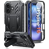 FNTCASE for iPhone 16 Phone Case: for iPhone 16 case with Kickstand Shockproof Military Grade Protective Cover - Dual Layer Full Protection Sturdy Matte Textured Drop Proof - 6.1 Inch Black