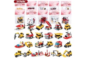 HOAROSALL 24 Pack Valentines Day Gifts for Kids Fire Truck and Construction Vehicle Building Blocks, Perfect Blocks Valentines Day Gifts for Kids Classroom, Party Favor for 3+ Year Old