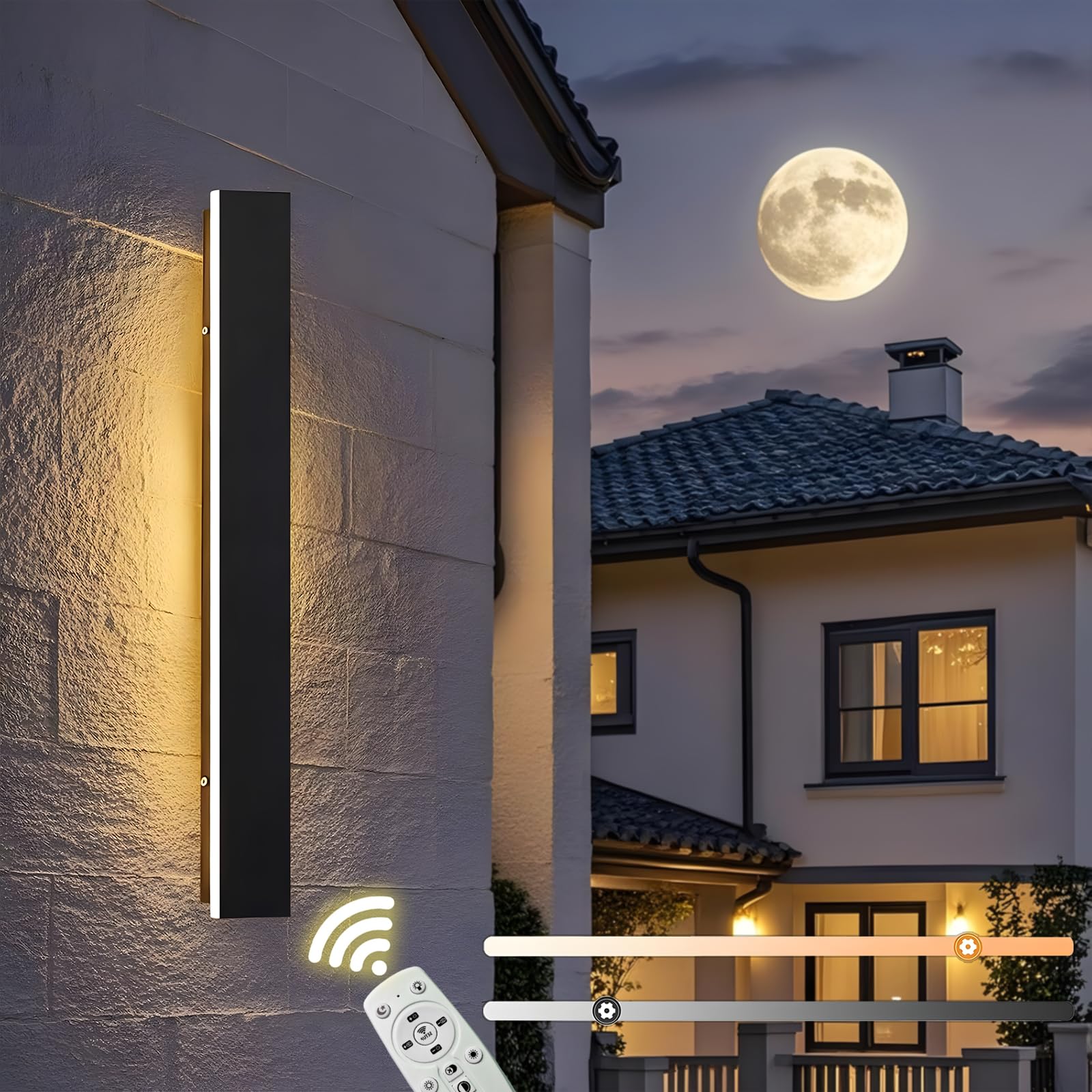 ZTWLEED LED Outdoor Wall Lights,16W Dimmable Wall Lamp with Remote Control,3000K/4000K/6000K,Waterproof Exterior Acrylic Long Outdoor Wall Light for Garden Villa Porch Terraces Garage,80CM