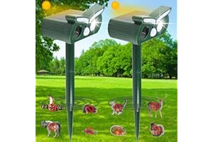 TIRGO 2pcs Solar Ultrasonic Animal Repellent Outdoor,Deer Repellent,Squirrel Repellent,Mouse Repellent,Cat Repellent Outdoor,Devices Motion Detection Waterproof with LED Flash Lights for Yard Farm Garden