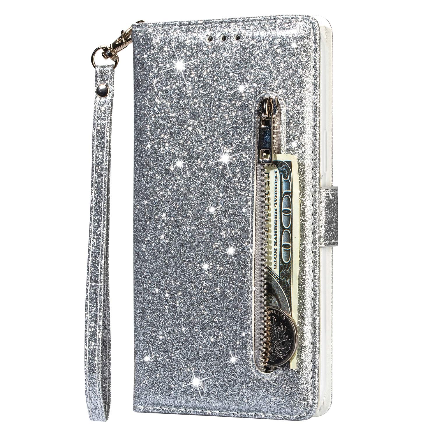 Samsung Galaxy A52 Case Zipper Pocket, Samsung A52s 5G Case Glitter Bling Flip Shockproof Leather Folio Wallet Case with Stand Silicone Bumper Cover for Samsung A52 Phone Case Girls Women, Silver — image 1