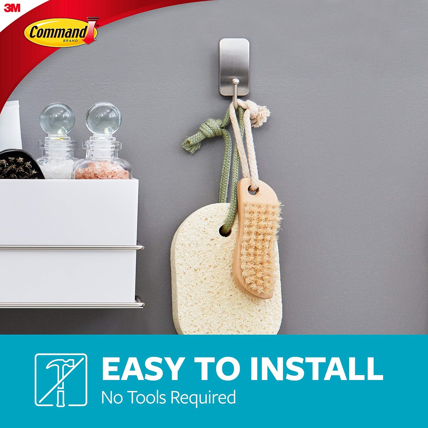 Command Bath Hook, Small, Satin Nickel, 1-Hook, 2-Small Water-Resistant Strips (BATH33-SN-ES), Organize your dorm: Home Improvement
