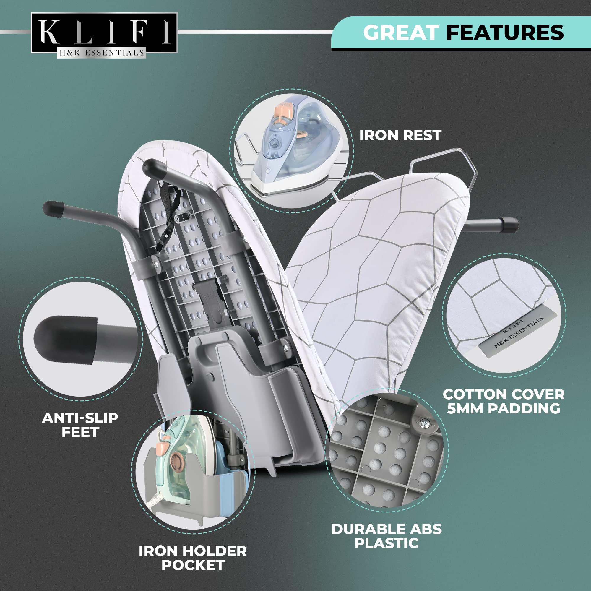 KLIFI Small Ironing Board Hanger Wall Mount Table Top Iron Board with Adjustable Legs Foldable with Built-in Iron Rest, Ironing Cloth Compact and Lightweight - Grey
