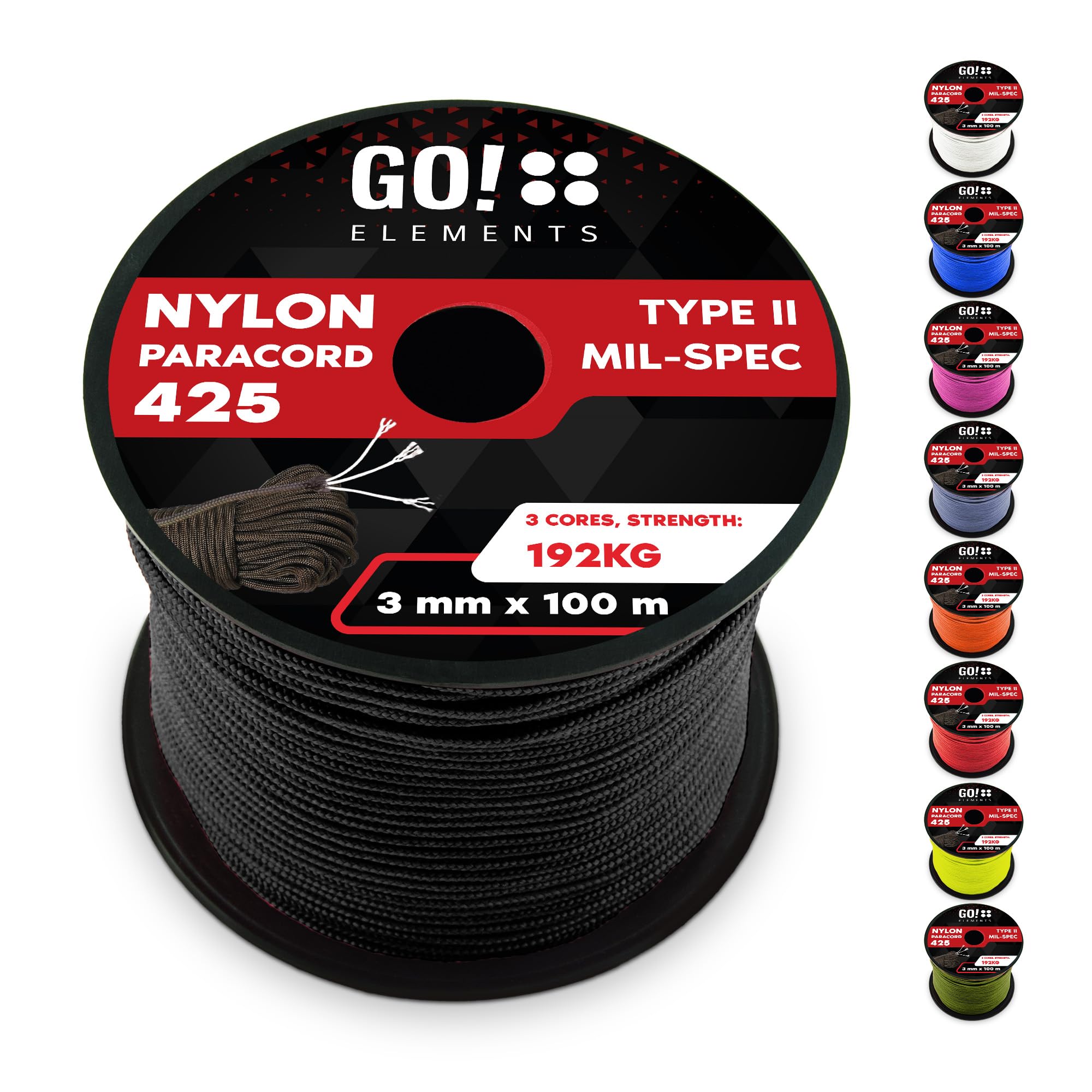 GO!elements 100m Paracord rope made of tearproof nylon - 3mm Paracord 425 type II lines as outdoor rope, all-purpose rope, survival rope, bracelet, dog leash - nylon line max. 192kg, Color:Black