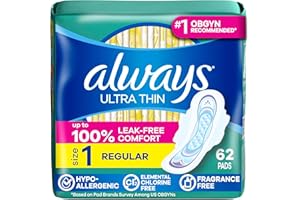 Always Ultra Thin Feminine Pads with Wings for Women, Size 1, Regular Absorbency, Unscented, 62 Count