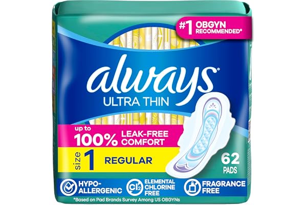 Always Ultra Thin Feminine Pads with Wings for Women, Size 1, Regular Absorbency, Unscented, 62 Count