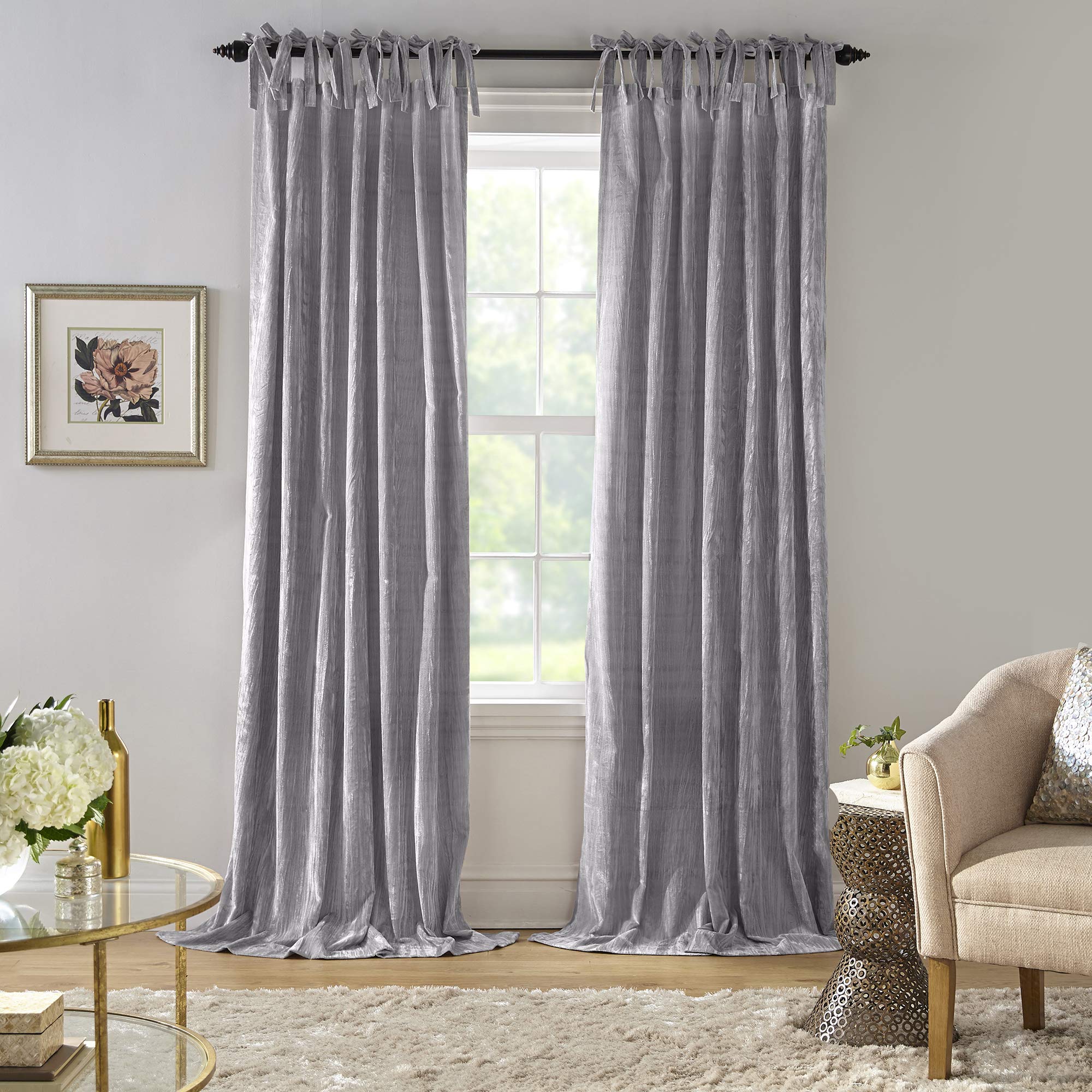 Photo 1 of Elrene Home Fashions Korena Tie-Top Crushed Velvet Window Curtain Panel, Rustic-Chic Curtain Panel for Living Room or Bedroom, 52 Inches by 84 Inches, Grey, 1 Panel