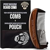 Beardilizer Premium Beard Comb for Men - 100% Natural Black Ox Buffalo Horn & Sandalwood Handle with Carrying Pouch, Professional Anti-Static Fine and Coarse Teeth