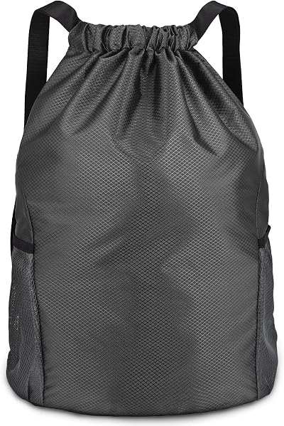 Dacitiery Nylon Drawstring Gym Bag with Outside Zipper Sack Two Side Pockets