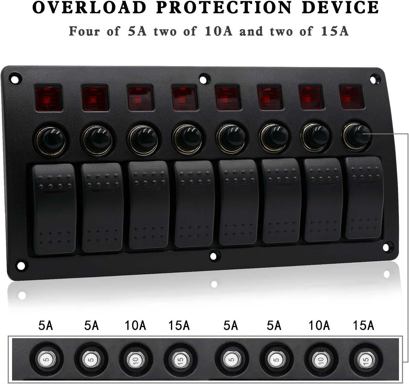 WUPP Boat Rocker Switch Panel Waterproof 8 Gang 3PIN & Circuit Breaker Overload Protection LED Switch Panel DC12/24V ON-Off Aluminium Switches for Marine RV Car Truck Trailer, Christmas Gift Idea: Industrial & Scientific
