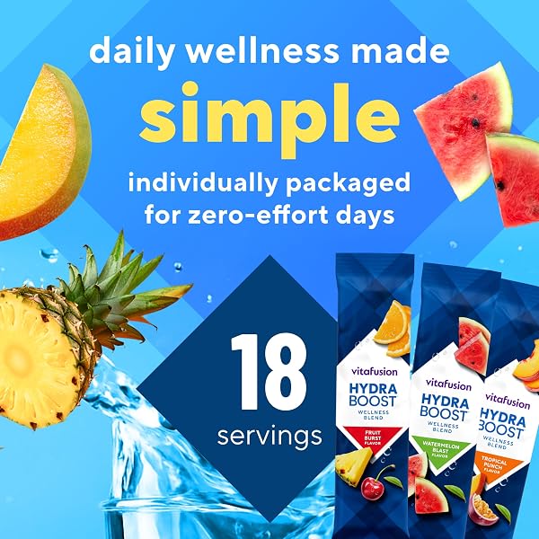VITAFUSION HYDRABOOST DRINK POWDER PACKETS, ELECTROLYTES SUPPORT DAILY HYDRATION, VITAMINS SUPPORT CELLULAR ENERGY & IMMUNE HEALTH, PREBIOTIC FIBER SUPPORTS GUT HEALTH, VARIETY PACK, 18 STICKS