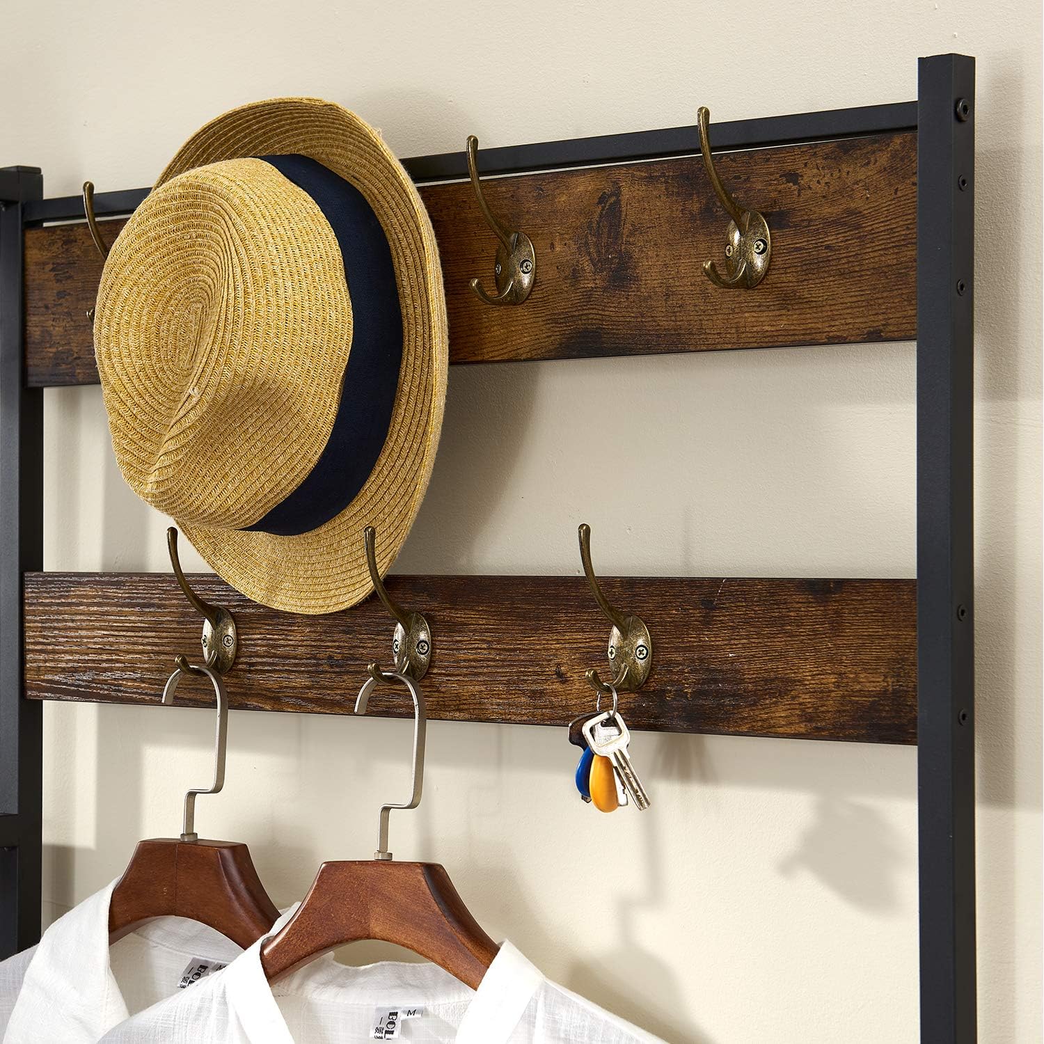 VECELO Coat Rack Bench,Hall Tree with 7 Hooks Entryway Storage 4 Shelves and 1-Tier Shoe Shelf,Wood Look Accent Furniture Metal Frame, Rustic Brown: Home & Kitchen