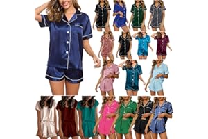 FAVIPT Satin Pajama Set For Women Soft Two Piece Pj Sets Short Sleeve Silk Button Down Shirts Shorts Casual Loungewear Set