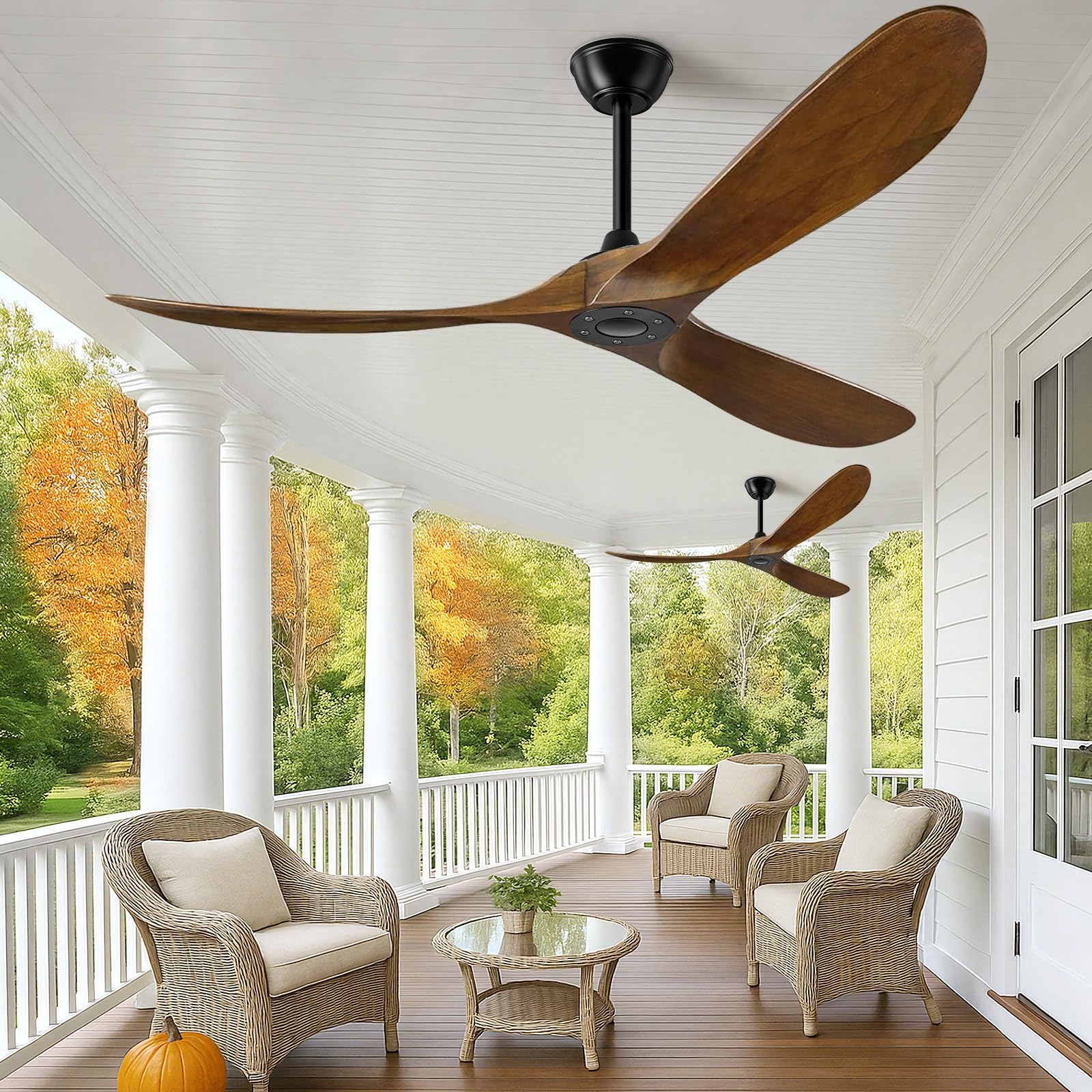 Photo 1 of 60 Inch Ceiling Fan no Light, Outdoor Ceiling Fans Without Lights for Patios, 3 Blade Solid Wooden Propeller Modern Ceiling Fan with Remote Control for Farmhouse Living Room Bedroom Dark Walnut
