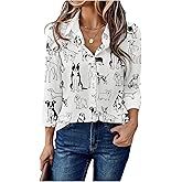 Floerns Women's Button Down Shirts Cute Dog Animal Print Long Sleeve Casual Blouse Tops
