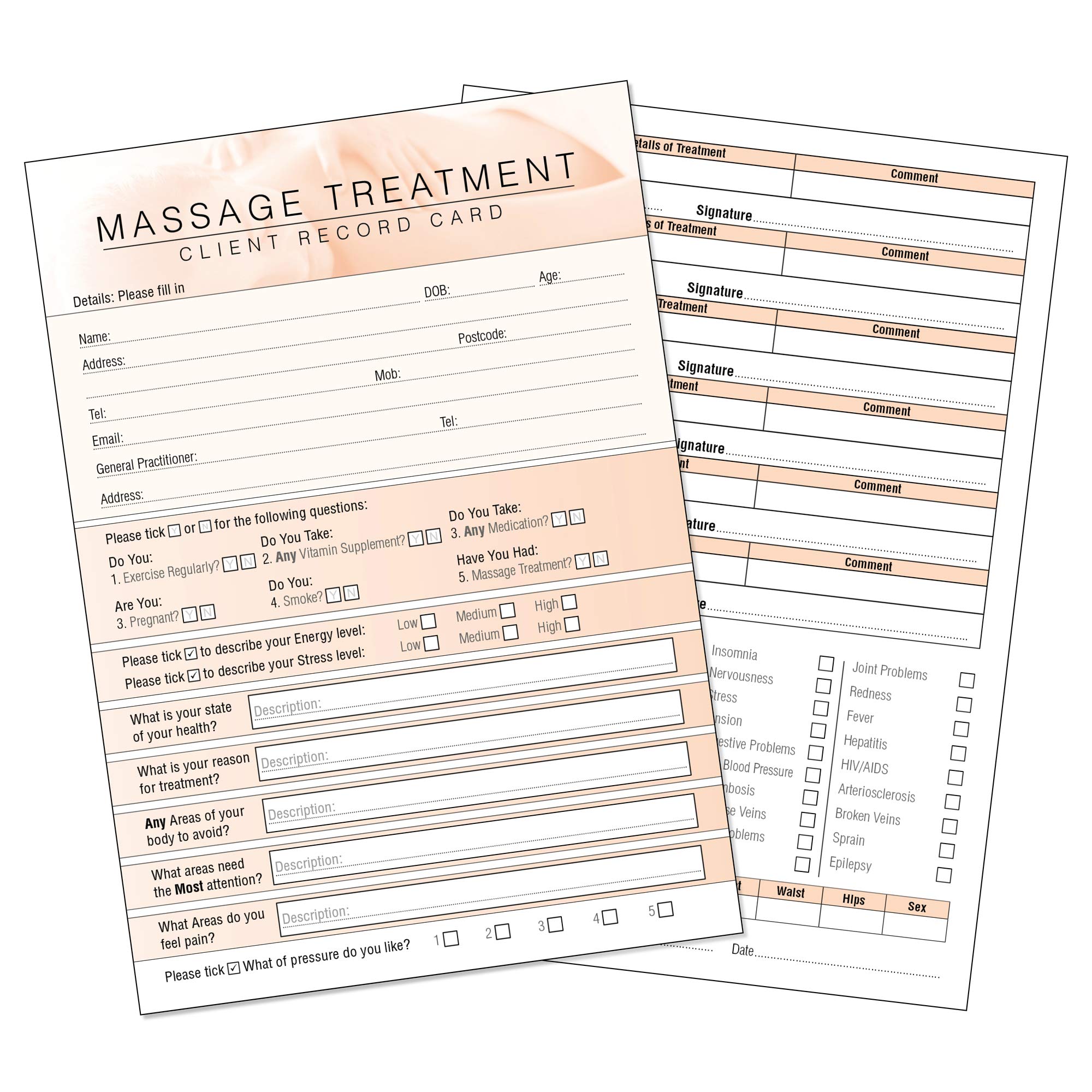 Massage Client Record Card - Treatment Consultation Form for Mobile Therapists & Salons A6 Pack of 50 - Landscape