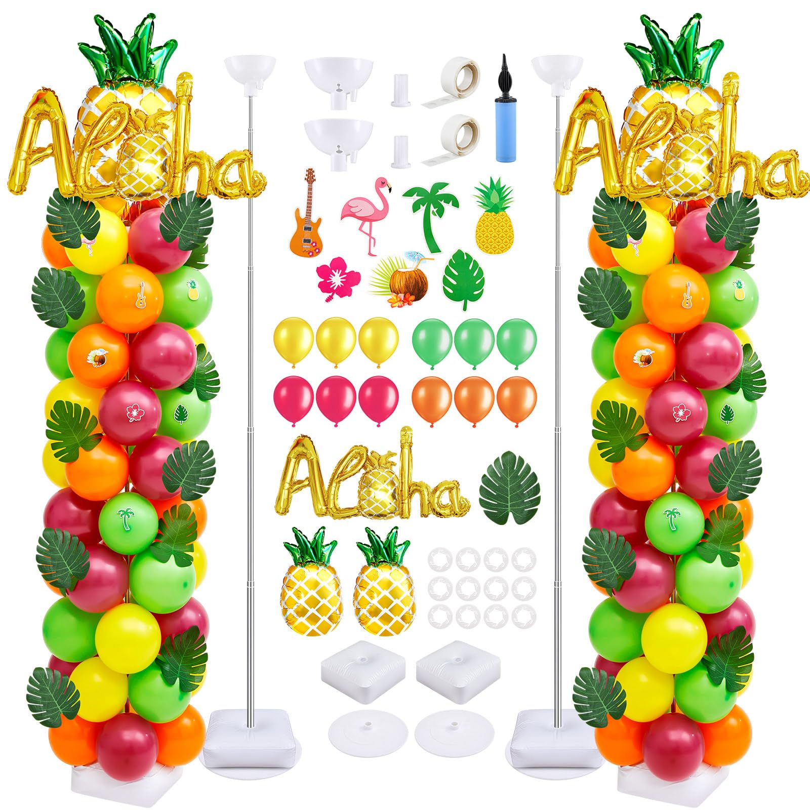 Photo 1 of Gejoy 2 Set Pineapple Aloha Balloon Column Stand Kit with 124 Pcs Balloons 7 Hawaiian Cards 12 Pcs Palm Leaves 6.5 ft Adjustable Metal Telescopic Tower for Summer Tropical Luau Party Decorations