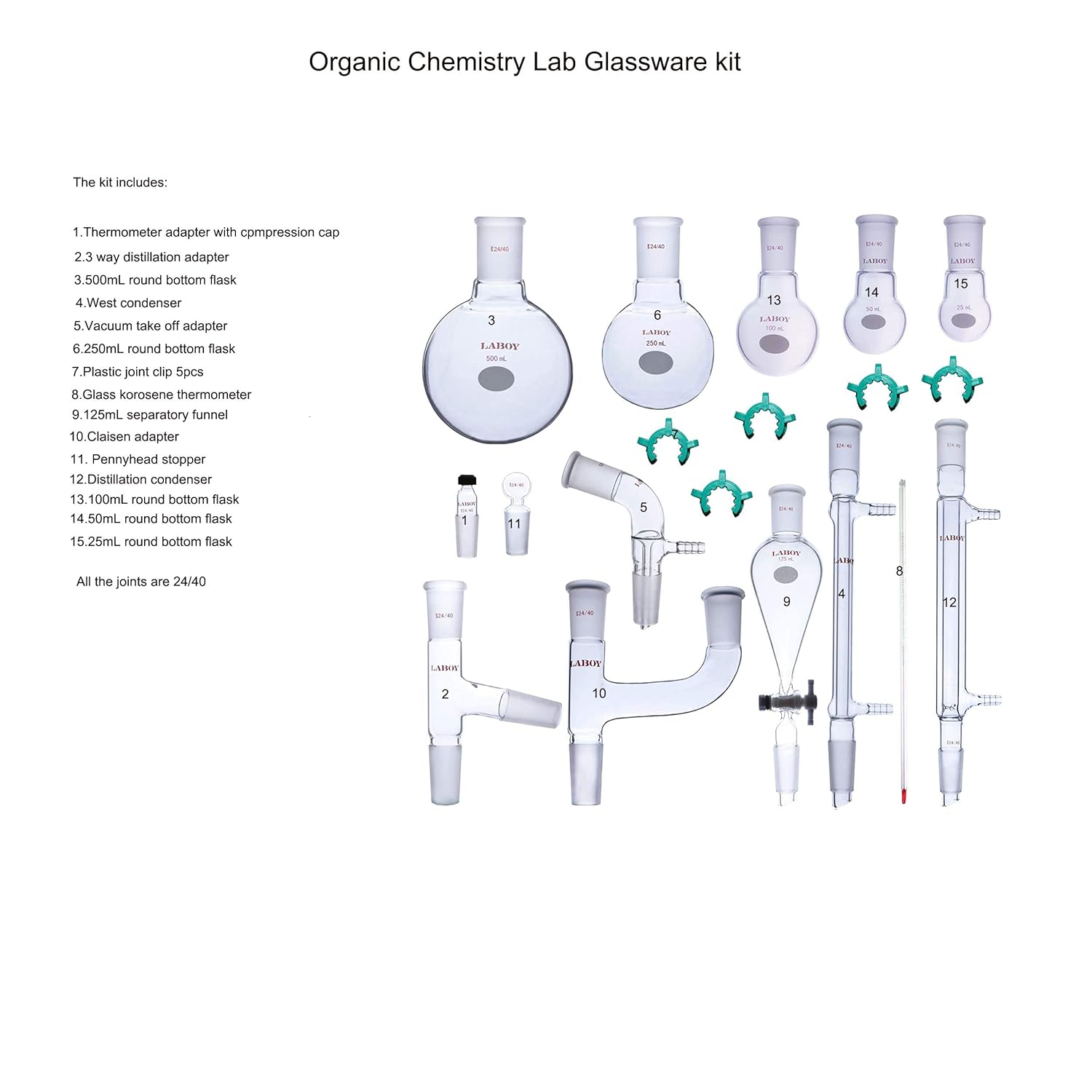 Laboy Glass Organic Chemistry Kit 24/40 Lab Glassware Set Distillation Apparatus 19pcs: Industrial & Scientific