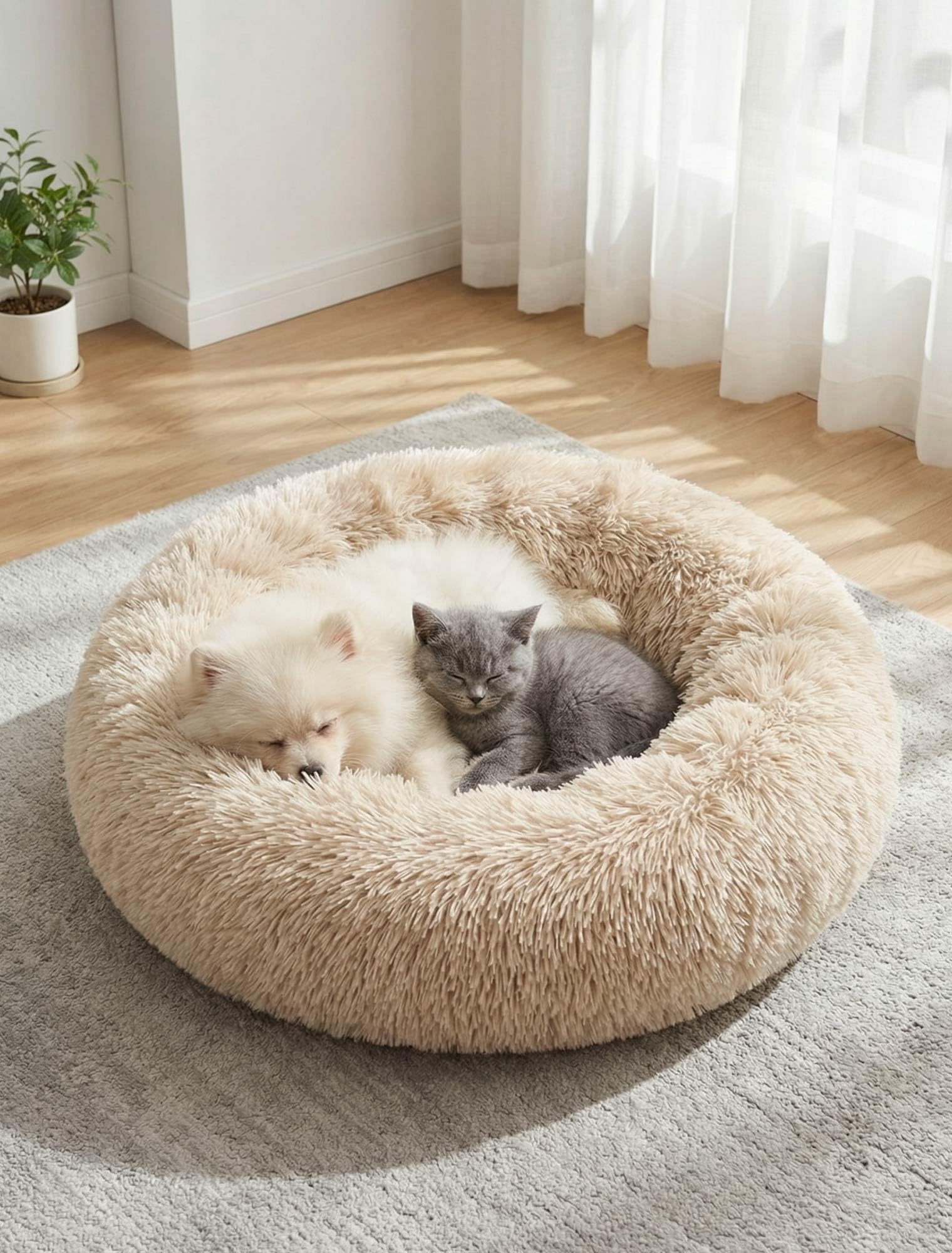 Flashbee Comfy Calming Dog Bed Small Washable,Anti Anxiety Donut Ped Bed,Luxury Warm Fluffy Improved Sleep Amazingly Cat Bed Cuddler,Anti-Slip Bottom Round Puppy Beds ​for Small Medium Cat Dog Ø 50cm