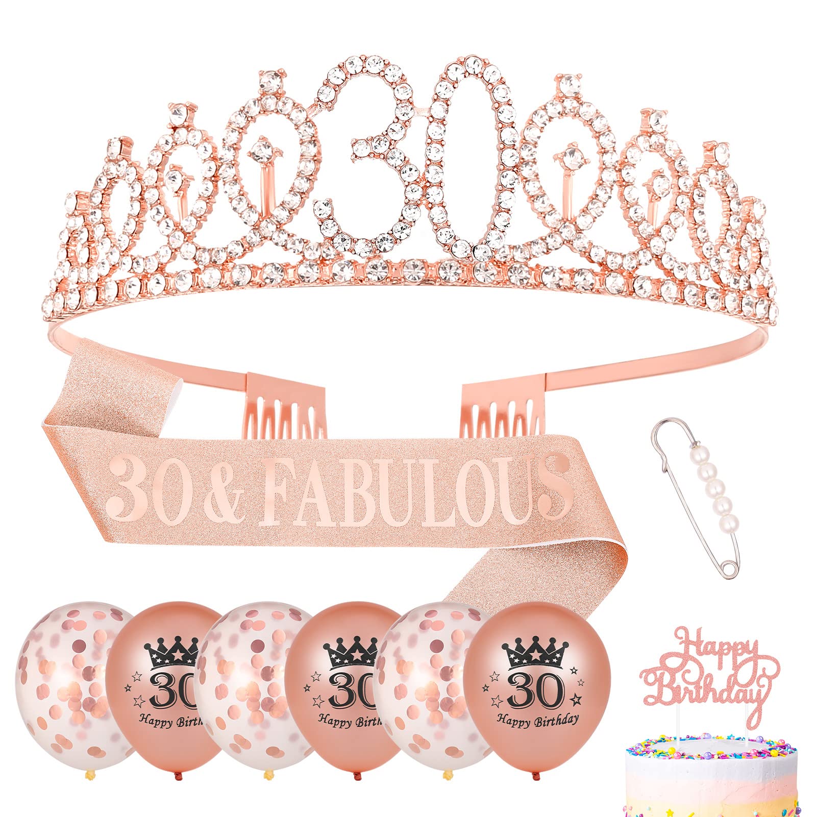 Heyu-Lotus 30th Birthday Sash and Tiara Rose Gold 30 & Fabulous Sash Rhinestone Crown Balloons Cake Topper for Women 30th Birthday Gifts Party Decorations Supplies