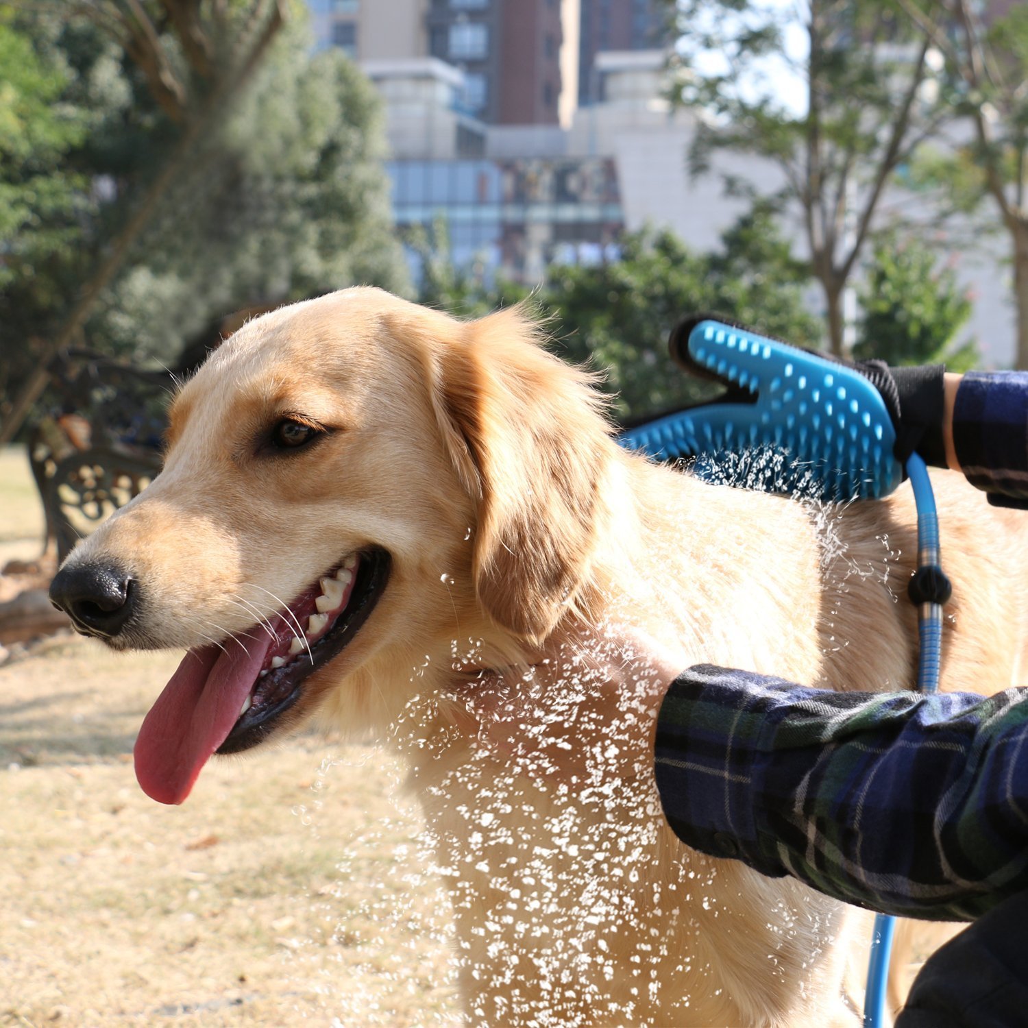 WOWGO 2018 NEU Haustier Baden Dusche Duschhandschuh Hundedusche - Reinigungs-Handschuh mit 3 Wasserhahn-Anschlüssen für Hunde Katzen Pferde für Drinnen und im Freien