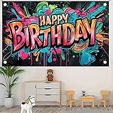 HOMETITUTE Graffiti Happy Birthday Banner Birthday Party Splatter Graffiti Birthday Decoration Backdrop Photo Booth Photography Background Background Decor for Kids Boy Girls Supplies