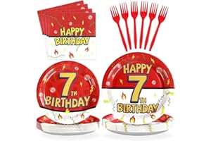 Grencian 96Pcs Happy 7th Birthday Party Supplies Cartoon Anime Themed Paper Plates and Napkins Tableware Sets Red and White Decoration for 7 Year Old Birthday Kids Children Party Serves 24