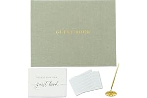 Gooji Linen Wedding Guest Book Wedding Reception Guestbook to Sign in and Add Polaroid Photos or Baby Shower includes Sign Card, Signing Pen, Photo Corners (Sage Green) 7x9, 100 pages Gold Foil, Lined