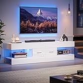 Bestier TV Stand for 55/60/65 Inch TV, High Gloss Modern TV Stand with Stone-Patterned Side Panels, LED Entertainment Center with Large Drawer, TV Consoles for Living Room, Bedroom (Glossy White)