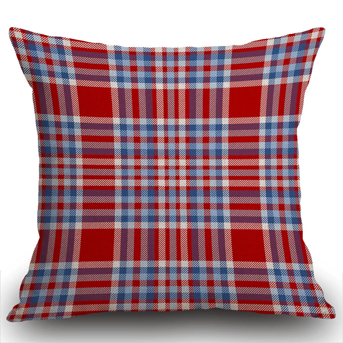 Smooffly Cushion Covers Tartan Plaid Pattern Checkered Fabric Texture Moderate Light Blue White and Bright Red Soft Linen Pillow Case for Bedroom/Livingroom/Sofa Throw Pillow Case Cover 18x18 Inch
