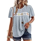 Falechay Womens Summer Tops Boho Crewneck Short Sleeve Shirts Floral Crochet Chiffon Blouses Flowy Casual Swiss Dot Clothing