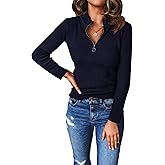PRETTYGARDEN Spring Quarter Zip Pullover Sweaters for Women 2026 Long Sleeve Collared Fitted Ribbed Knit Tops