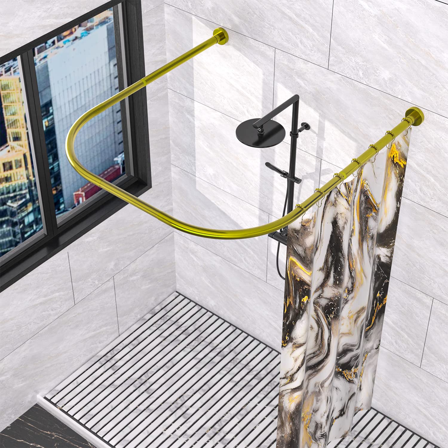 Sikaiqi 304 Stainless U Shaped Bathroom Bathtub Corner Shower Curtain Rod Rack, Size Adjustable (U Shaped Gold, Length on both sides:80-120 cm,Middle width:88-110 cm) — image 1