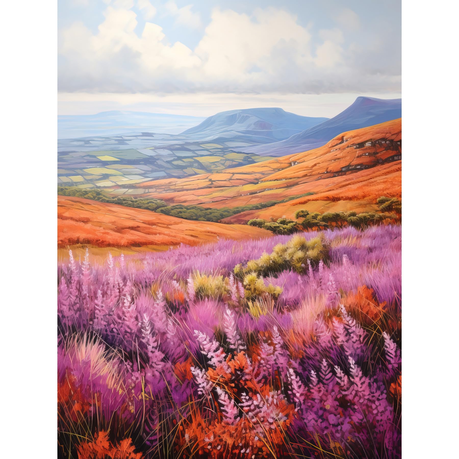 Artery8 Scottish Heather Fields Oil Painting Purple Orange Blue Scotland Countryside Landscape Extra Large XL Wall Art Poster Print