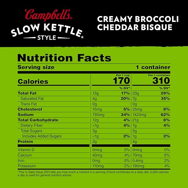 CAMPBELL’S SLOW KETTLE STYLE CREAMY BROCCOLI CHEDDAR BISQUE, 15.5 OZ MICROWAVABLE BOWL