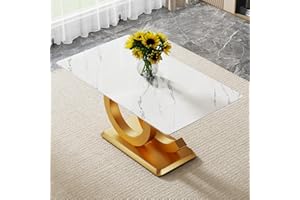 PIBEIBUK Marble Glass Dining Table, 63 Inches Modern Rectangle Dining Room Table with Faux Marble Tabletop, Kitchen Dining Table with Wooden Legs and Metal Base Breakfast Table for Dining Room (Gold)