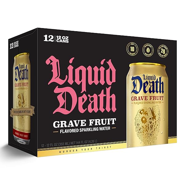 LIQUID DEATH SODA-FLAVORED SPARKLING WATER – GRAVE FRUIT (GRAPEFRUIT FLAVOR), LESS SUGAR*, HUGE FLAVOR, NO CAFFEINE, NO ARTIFICIAL SWEETENERS, 12 FL OZ (PACK OF 12)