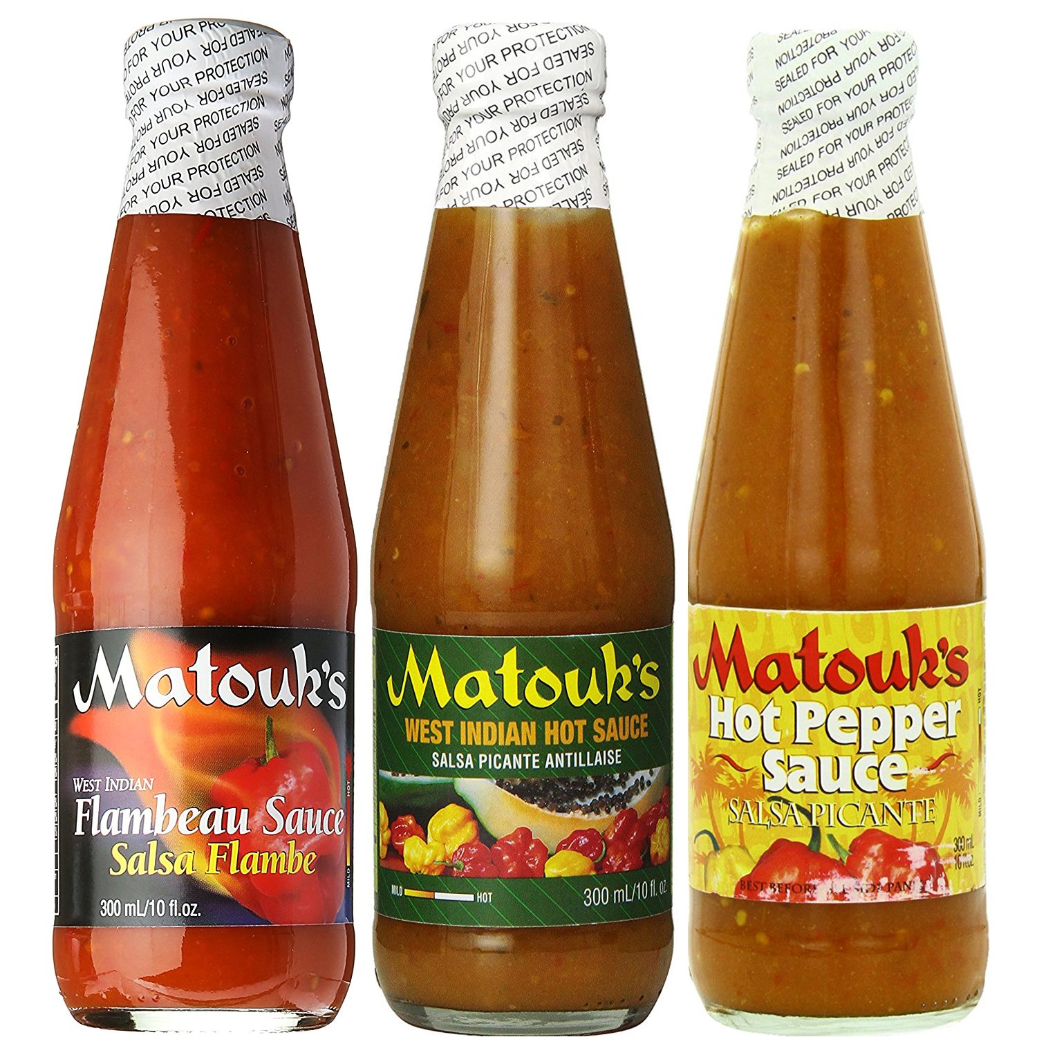 Matouk's Flambeau West Indian and Hot Pepper Sauce 10 Ounce Variety Pack of 3
