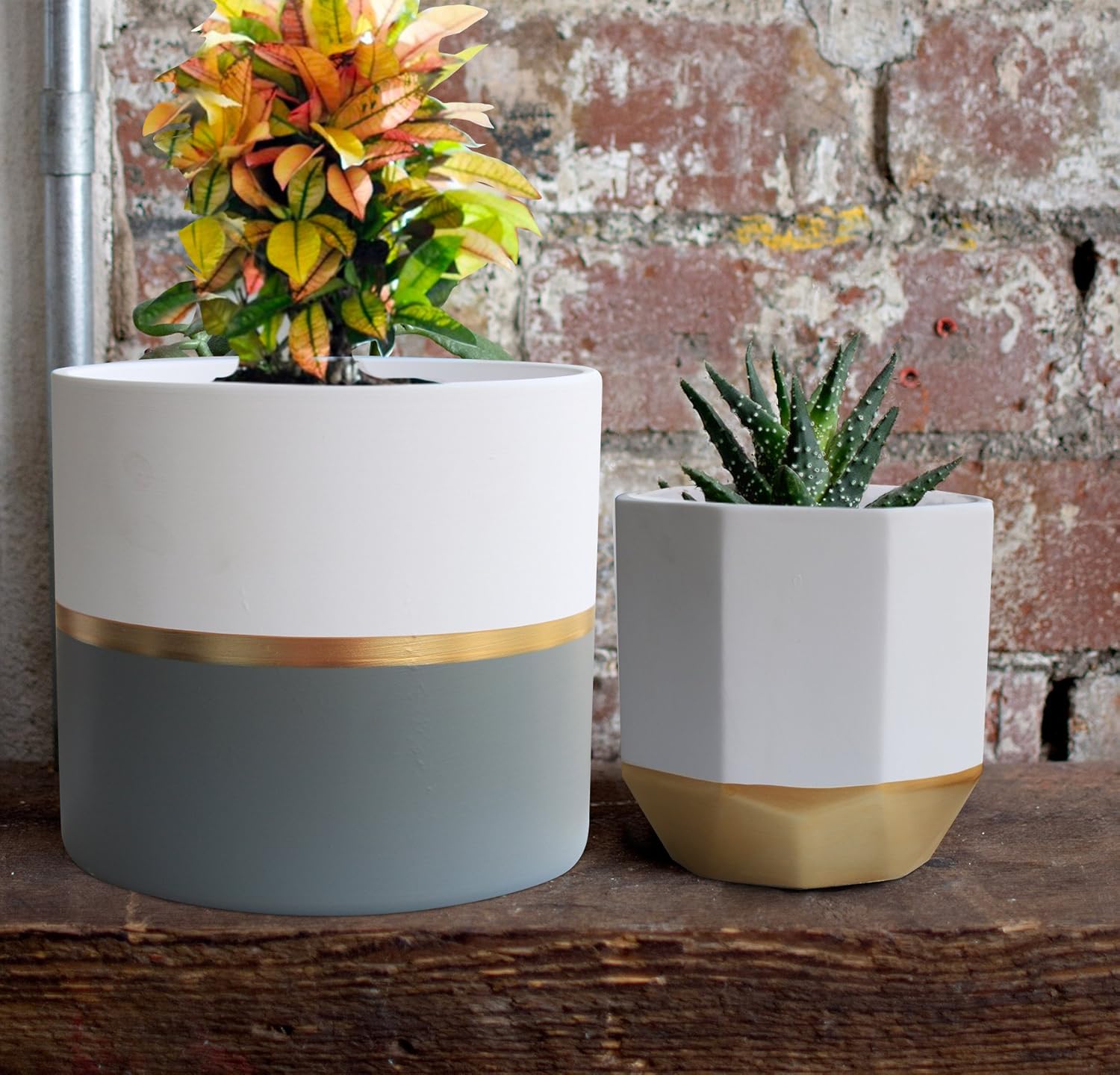 La Jole Muse White Ceramic Flower Pot Garden Planters 16.5 CM Pack 2  Indoor, Plant Containers with Gold and Grey Detailing - BigaMart