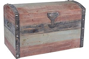 Household Essentials Large Wooden Storage Trunk, Weathered Wood with Paint Finish, Hinged Lid with Metal Accents