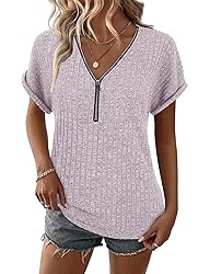 Koscacy Womens Short Sleeve Tops V Neck Zip up