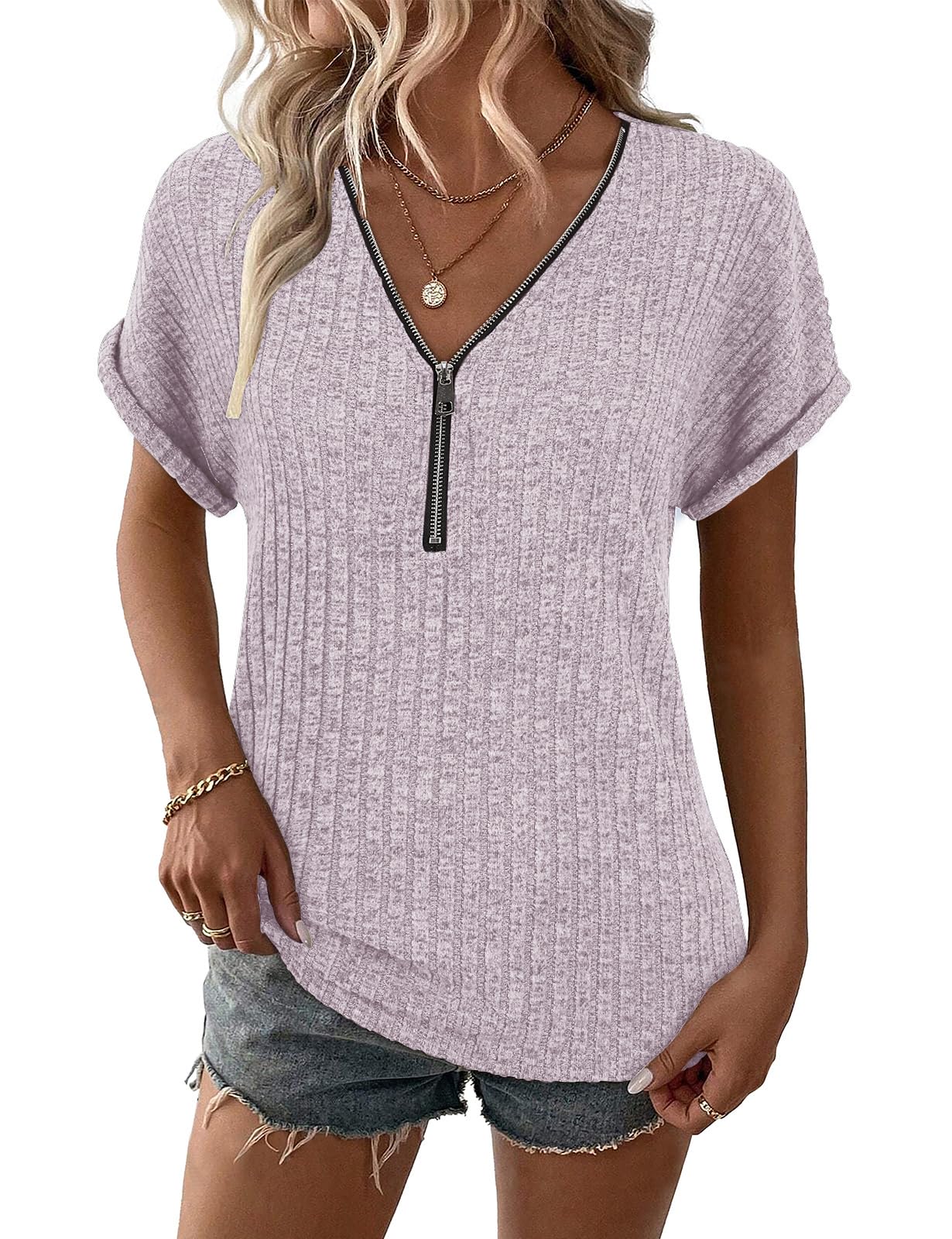 Koscacy Womens Short Sleeve Tops V Neck Zip up