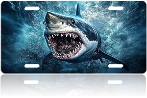 RZZLP Deep Sea Ferocious Shark License Plates,Personalized Front Plates License Rust-Proof Stainless Steel Car License Plate Cover Vanity Car Tags for Men Women,12.2" X 6.2
